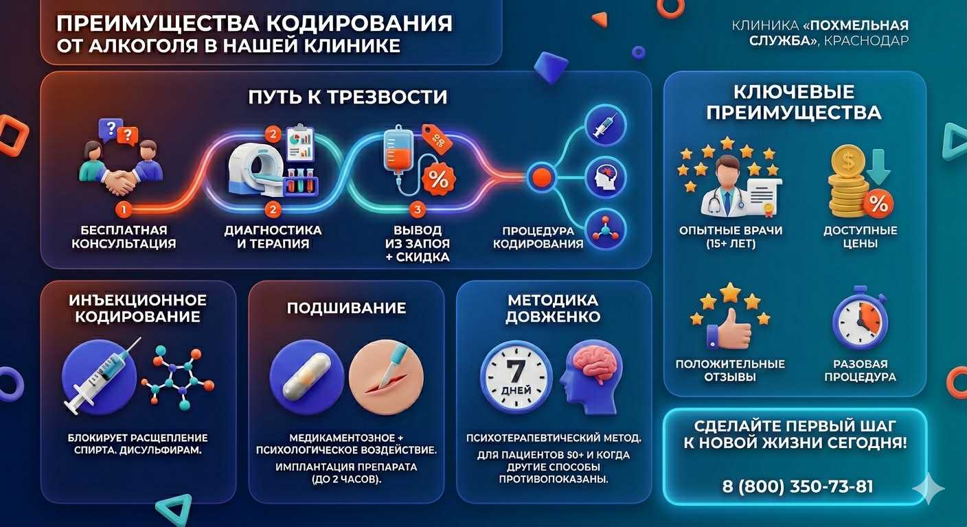 Инфографика о методах кодирования от алкоголя в Новосергиевке: инъекции, подшивание, метод Довженко. Преимущества клиники и этапы лечения.